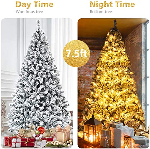 7.5FT Artificial Snow Christmas Tree with Hinged Branches & Metal Stand - Indoor Outdoor Holiday Decor
