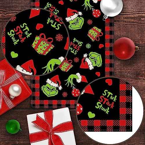 Pudodo Christmas Table Runner Merry Christmas Buffalo Plaid Check Winter Holiday Party Decoration Fireplace Kitchen Dining Home Decor (Black and Red, 13" x 72")