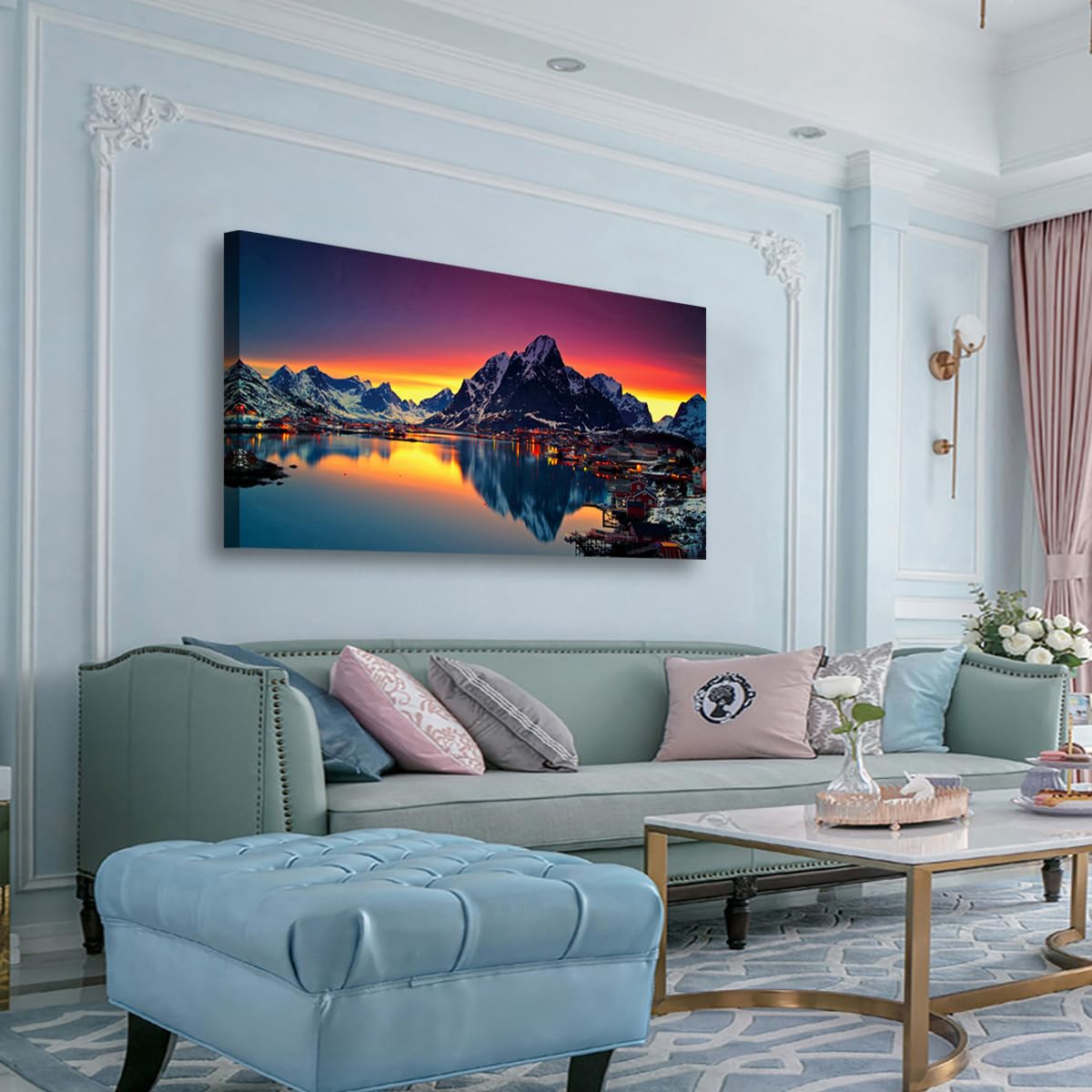 Lofoten Islands Norway Canvas Wall Art - 40"x20" Snowy Mountain Fjord Village Sunset Landscape Print, Waterproof Modern Wall Decor for Living Room Bedroom Office, Ready to Hang