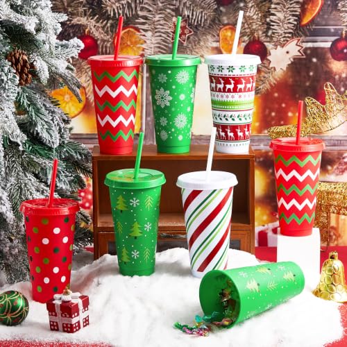 Chuangdi 48 Pack Christmas Plastic Cups with Lids & Straws, 24oz, Red & Green, Holiday Design