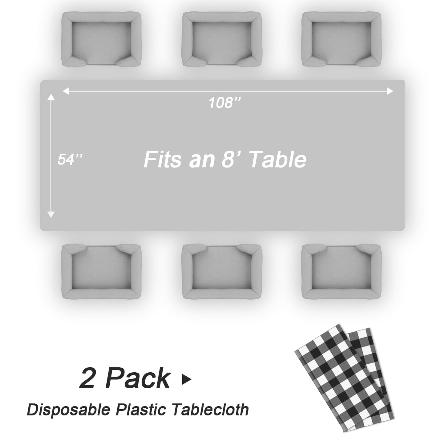 QIKSION Black Gingham Tablecloth Disposable 2 Pack, 54 x 108 Inch Black and White Checkered Table Cloth for Picnic, Outdoor BBQ Decorations, Birthday Party Supplies, Rectangle, Plastic Table Cover