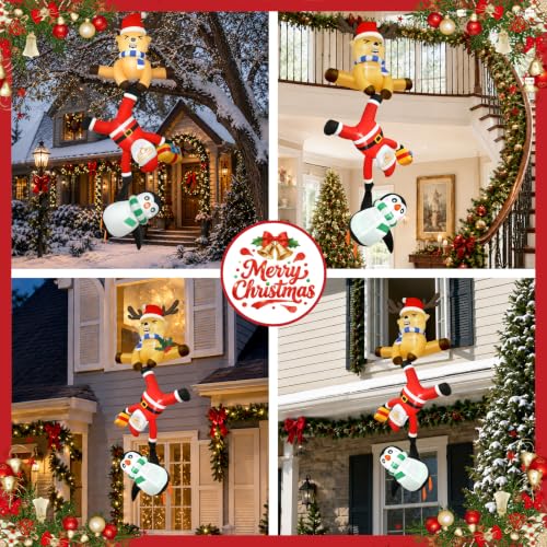 Joeyan 8ft Hanging Christmas Inflatable Santa with Reindeer & Penguin - Built-in LEDs, Roof, Balcony Decor (Variation: Santa & Reindeer Penguin)