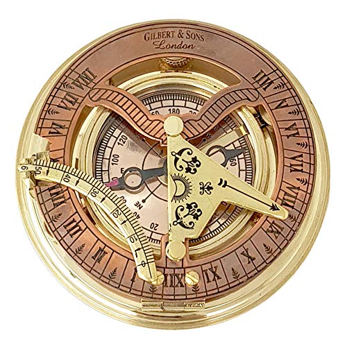 Large Antique Brass & Copper Nautical Sundial Compass - Gift Box Included