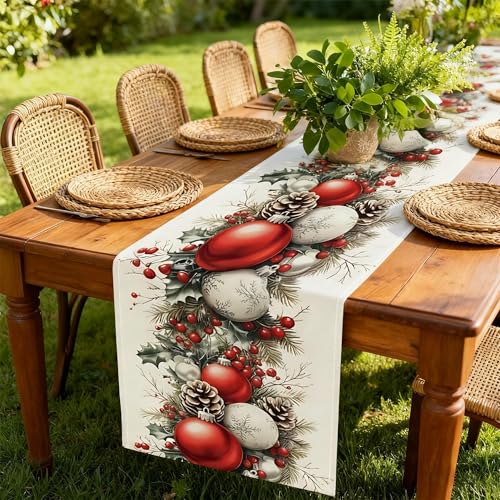 Everglit Christmas Table Runner 13x72 Linen with Balls, Holly Leaves, Berries, Pine Cones & Branches