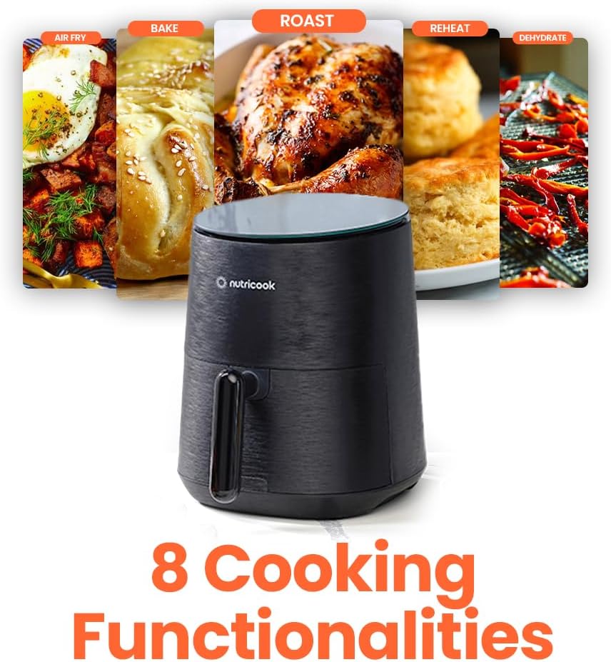 Nutricook Air Fryer - 8 Preset Functions, Compact 3.5 Quart Design, Tempered Glass Control Panel, Black