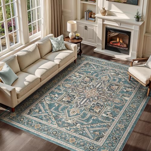 Washable Living Room Area Rug 8x10 Vintage Teal Brown Non-Slip Floor Mat