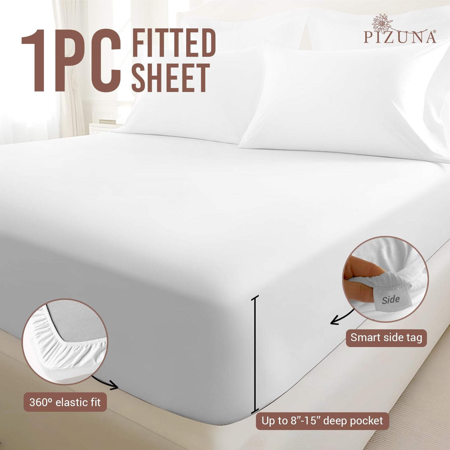 Pizuna Pure 100% Cotton King Fitted Sheet Only, Luxurious 400 Thread Count Long Staple Cotton Sateen Weave 15" Deep Pocket Fitted Sheet (Combed White King Fitted Sheet Cotton)