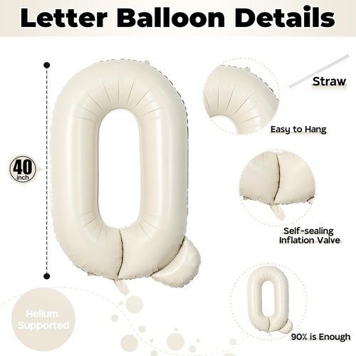 Cream Q 40-Inch Alphabet Foil Name Balloon - Large Self-Inflating Letter for Girls' Birthday | White Sand Mylar