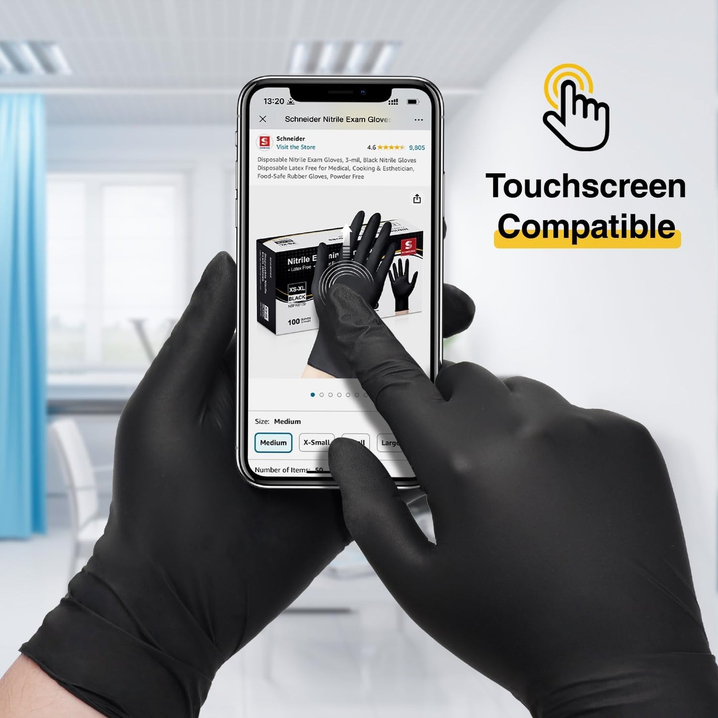 Schneider Nitrile Exam Gloves - Black Latex-Free, Powder-Free Disposable Gloves for Medical & Food Prep