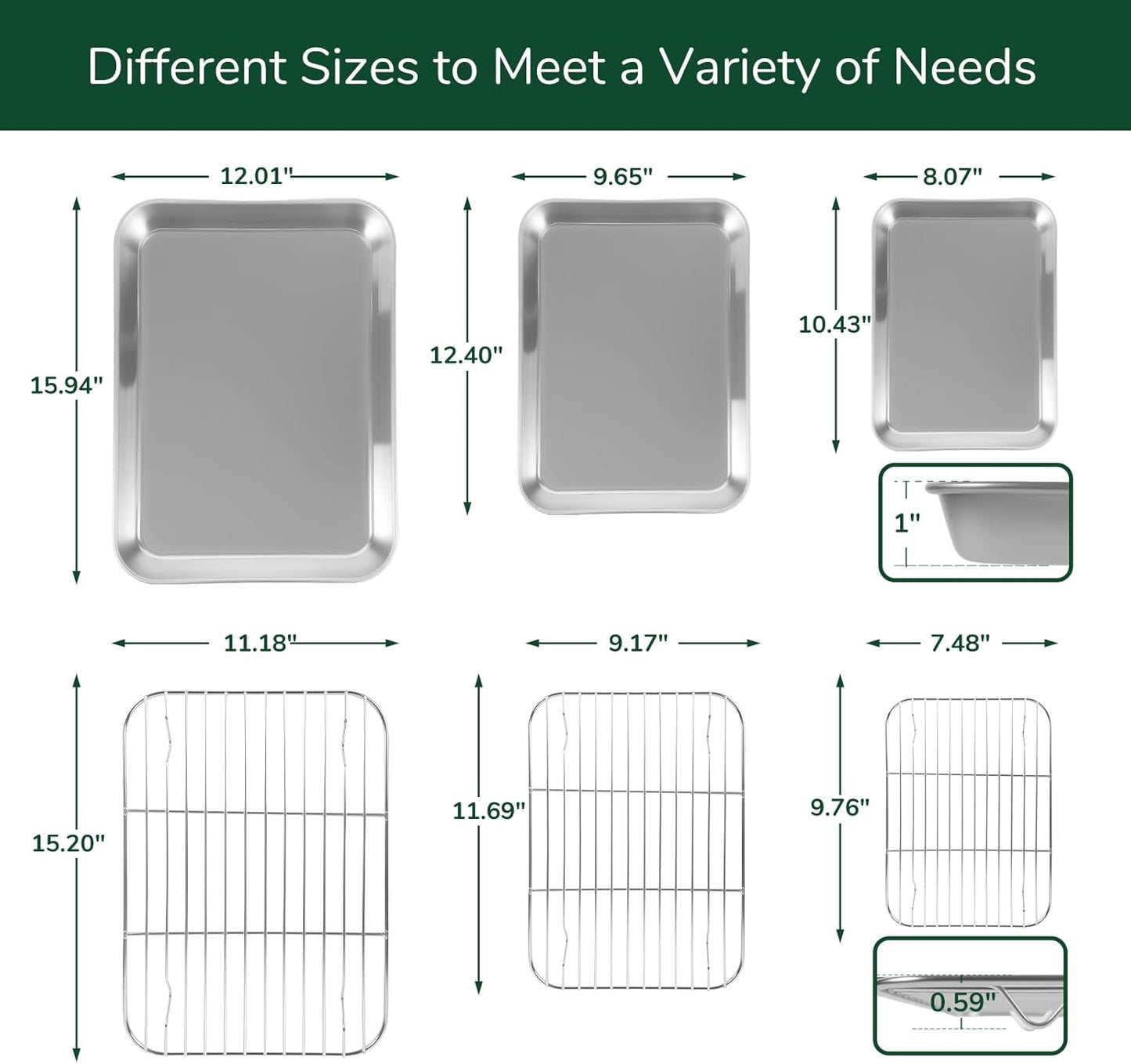 Skiennix 18/0 Stainless Steel Baking Sheet Set - Oven-Safe, Non-Toxic, Rust Resistant | 6-Piece Heavy-Duty Cookie Sheets