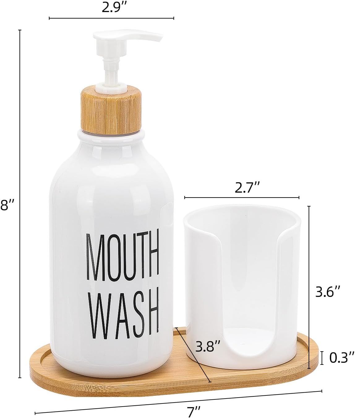 Skiennix Mouthwash Dispenser - Refillable 17oz Clear Pump Bottle with Cup Holder & Tray for Bathroom Organization