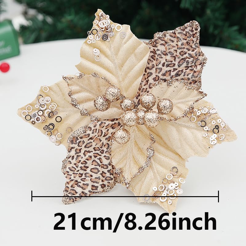 Tiecawk Gold Leopard Print Christmas Flowers 8.26 Inch, 8 Pieces Holiday Decor