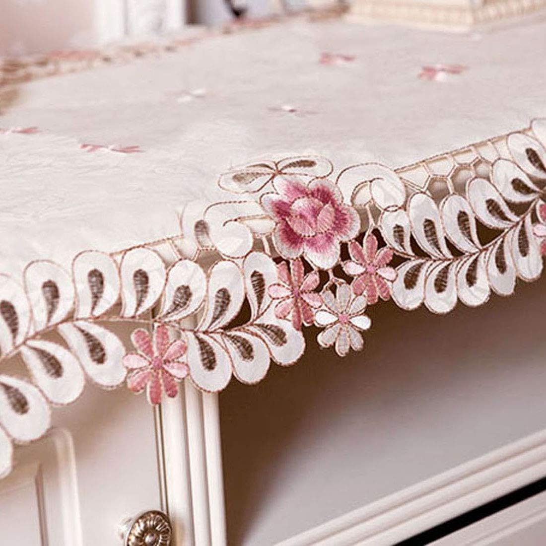 Classic Floral Embroidery Table Runner - 15" x 77" Dark Red Lace Dresser Scarf for Weddings & Home Decor