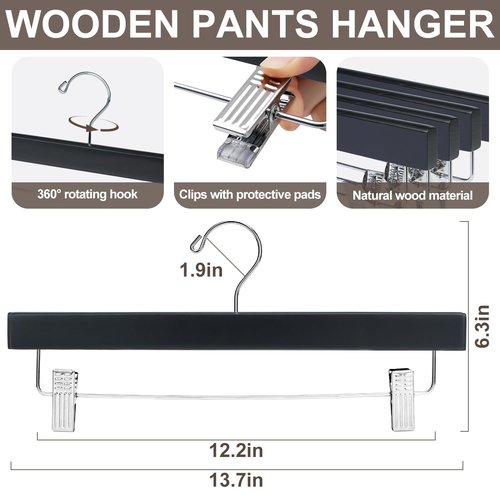 BAGAIL 20 Pack Wooden Pants Hangers with Adjustable Clips, 360°Swivel Hook Space Saving Skirt Holders with Anti-Rust Clips for Trousers, Jeans, Shorts (Black)