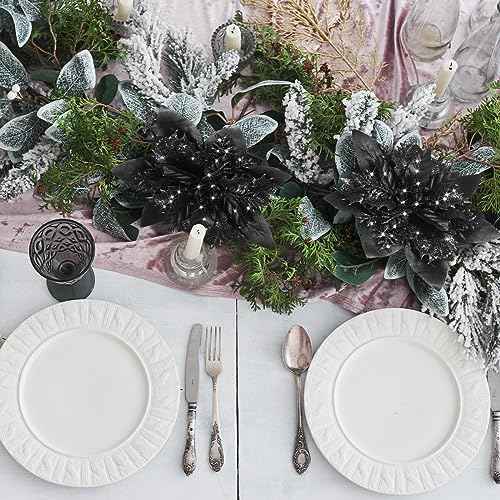 Glitter Christmas Poinsettia Artificial Xmas Flower Ornaments Flowers Decorations with Clips and Stems Glitter Poinsettia Christmas Tree Ornaments for Christmas Wedding (Black,36 Pieces)