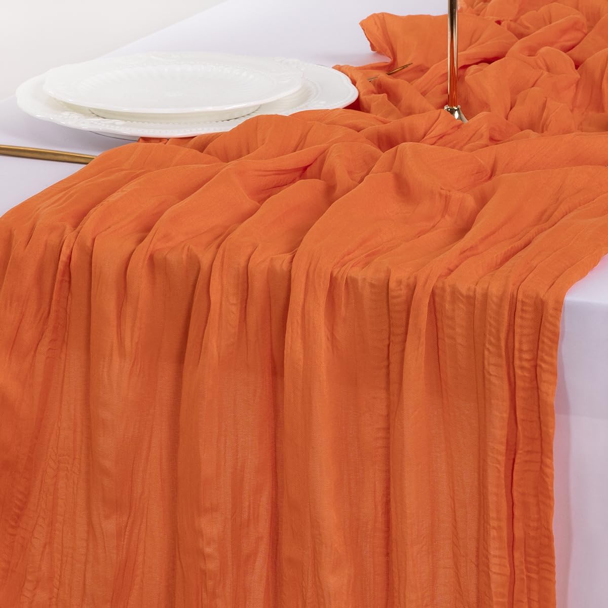 Socomi Cheesecloth Table Runner - Boho Rustic Sheer Design | 120 Inch Orange for Weddings & Events