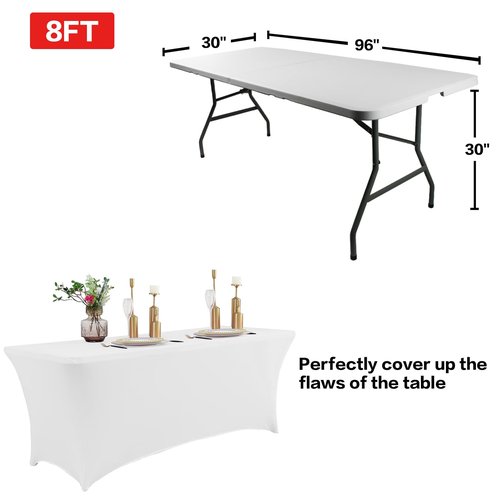 IVAPUPU 2 Pack 8FT Spring Table Cloth for Rectangular Fitted Events Stretch White Table Covers Washable Spandex Tablecloth Protector for Party, Wedding, Cocktail, Banquet, Festival