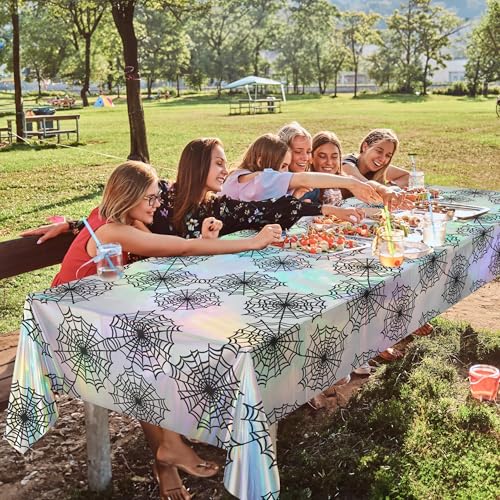 Cheerland Spiderweb Tablecloth Iridescent Holographic Foil Table Cover Halloween Decorations Disposable Plastic Cloth for Ghoul Birthday Bridal Shower Spooky Gothic Christmas Party Supplies 2pcs