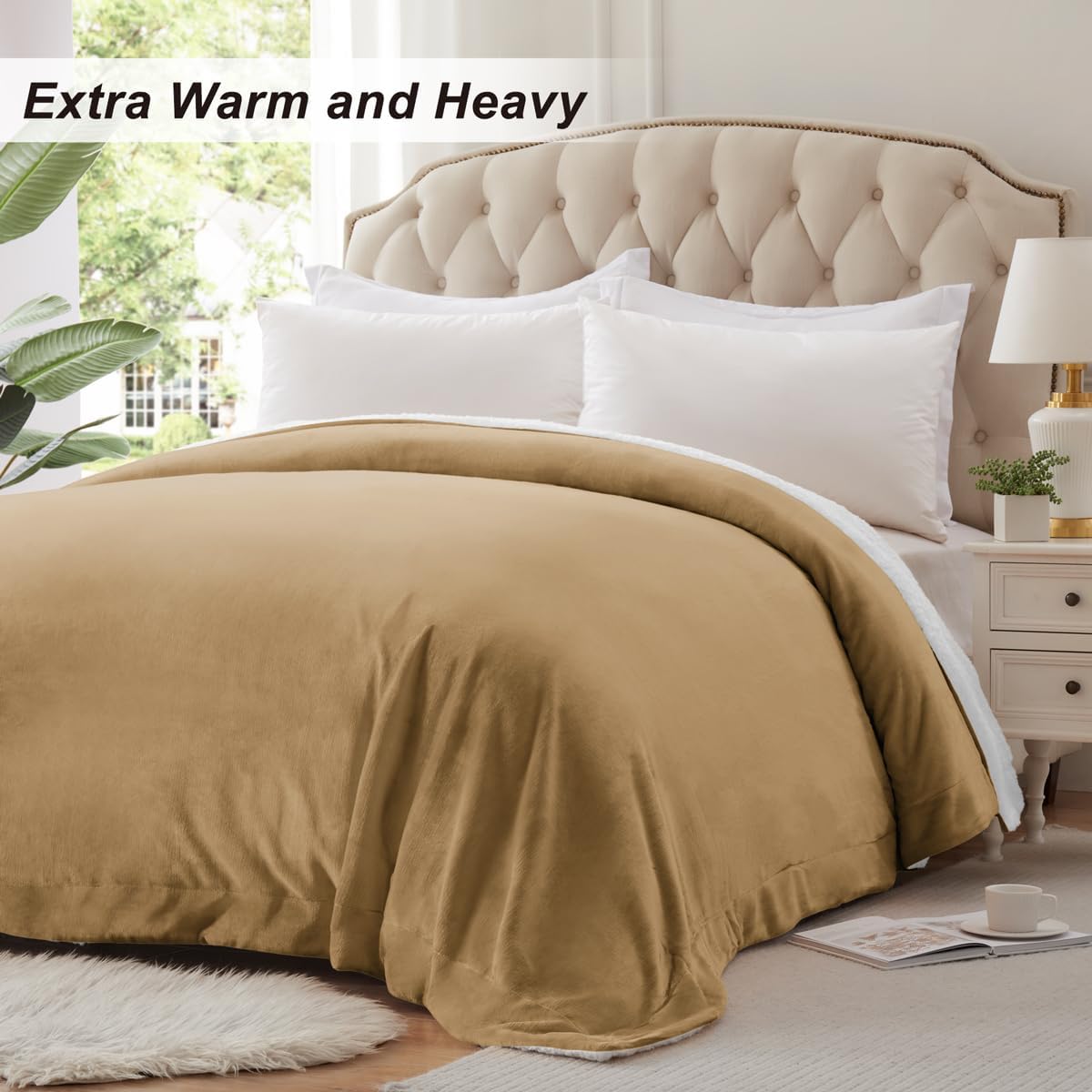 KAWAHOME Sherpa Fleece Queen Size Blanket - Extra Warm 500GSM Plush Blanket in Camel, Perfect for Winter