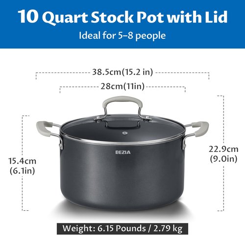 10 Quart Nonstick Stock Pot with Lid - BEZIA Ceramic Large Soup Pot, Big Pot with Silicone Handles, Easy Cleanup, Compatible with All Cooktops, Perfect for Roasts, Large Batches & Holiday Cooking