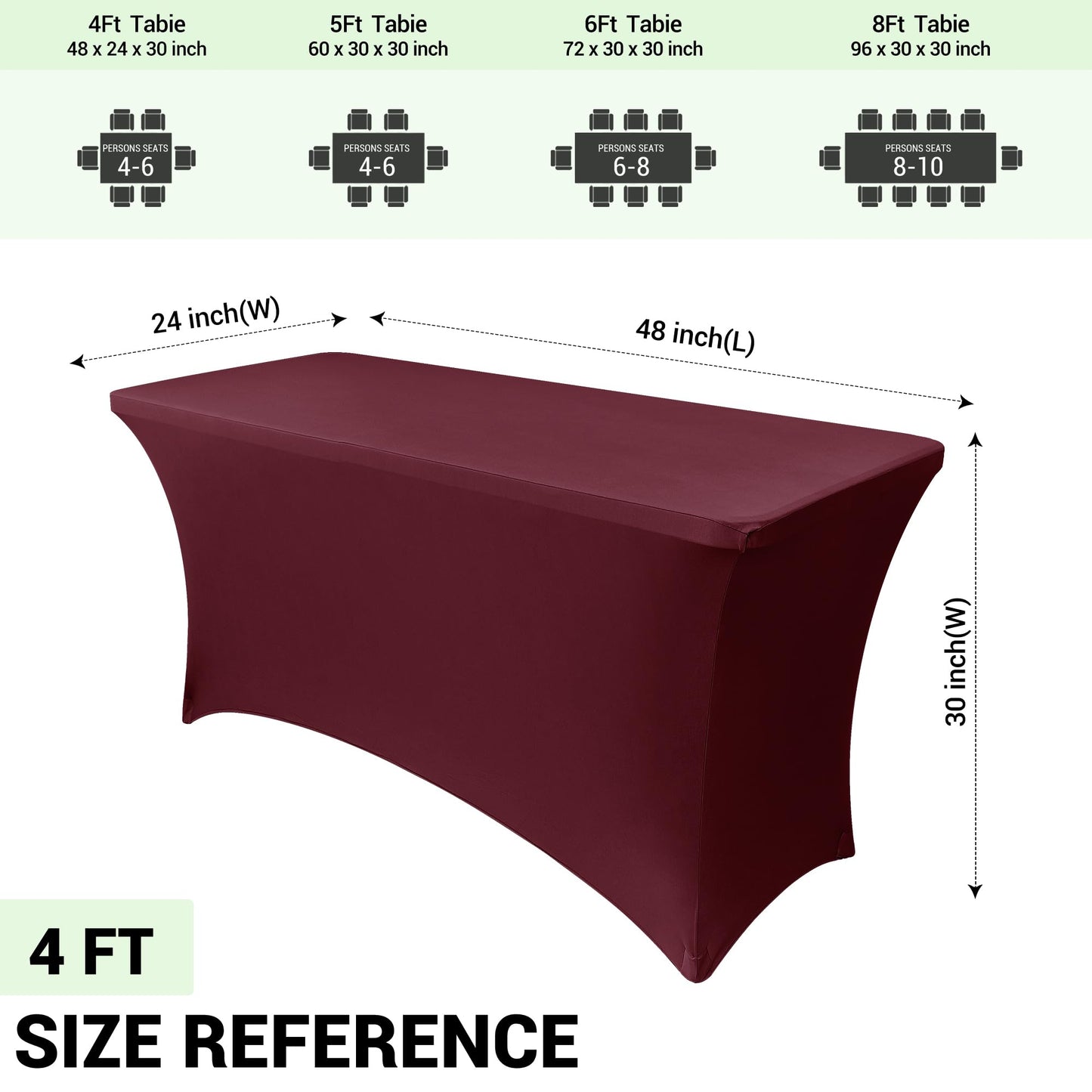 Obstal 8ft Stretch Spandex Table Cover for Standard Folding Tables - Universal Rectangular Fitted Tablecloth Protector for Party （Wine Red, 96 Length x 30 Width x 30 Height Inches）