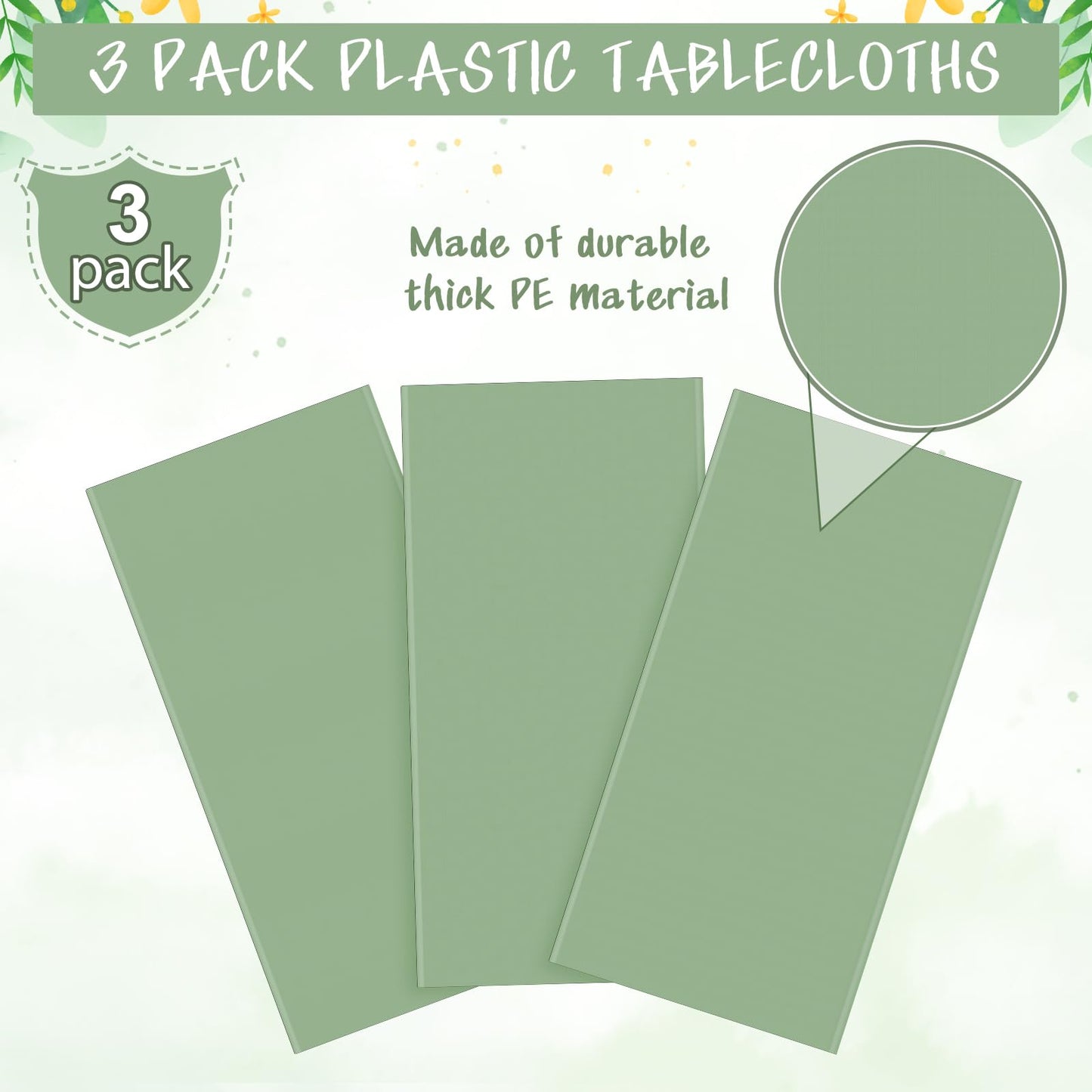3Pack Sage Green Plastic Tablecloths for Rectangle Tables, Light Green Disposable Tablecloth, Waterproof Sage Green Table Cover for Birthday Bridal Wedding Baby Shower Party Decorations, 54 X 108Inch