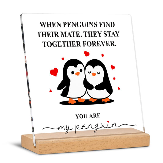 Atichwem Romantic Penguin Acrylic Plaque with Wooden Stand, 5.9×5.9 Inch Clear Acrylic for Home Office Decor, Wedding Engagement Anniversary Birthday Valentines Day Gifts for Couples Him Her