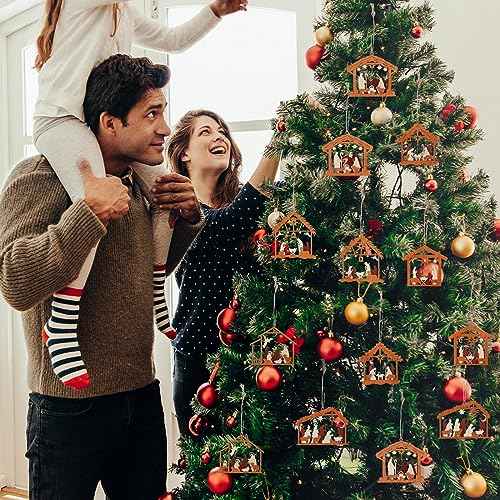 Bucherry 6 Pcs Wooden Nativity Scene Ornament for Tree Topper Decorations, Christmas Nativity Gifts for Christian Church Religious Friends Teachers Coworkers, Ornament(House)