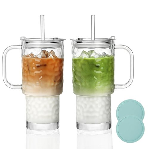 INNGOSAE 17oz Water Glass Tumbler with Handle & Lid, Reusable Iced Coffee Cups with Straws – Set of 2, Glass Cups Travel Mug for Beverages,Smoothies, Juice, Coffee, Tea