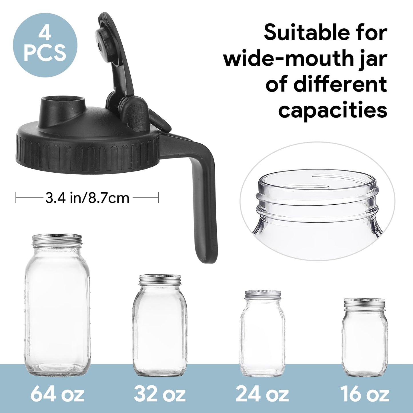 Wide Mouth Mason Jar Pour Spout Lid 4 Pack with Handle Easy to Open, Airtight Leak Proof, Mason Jar Lids Durable Easy to Clean for Drinking Salad Dressing Storing Pouring (Black)