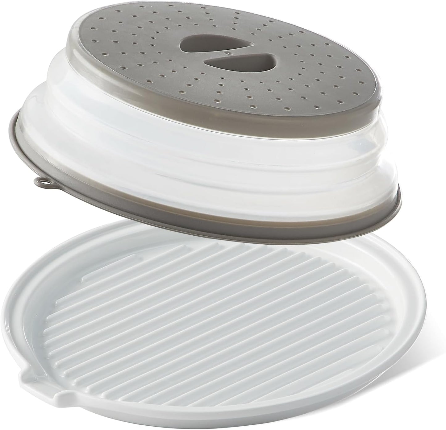 ONEMORE Microwave Bacon Tray - Ceramic Cooker for Crispy Bacon | 11-Inch Round Dish with Lid, White