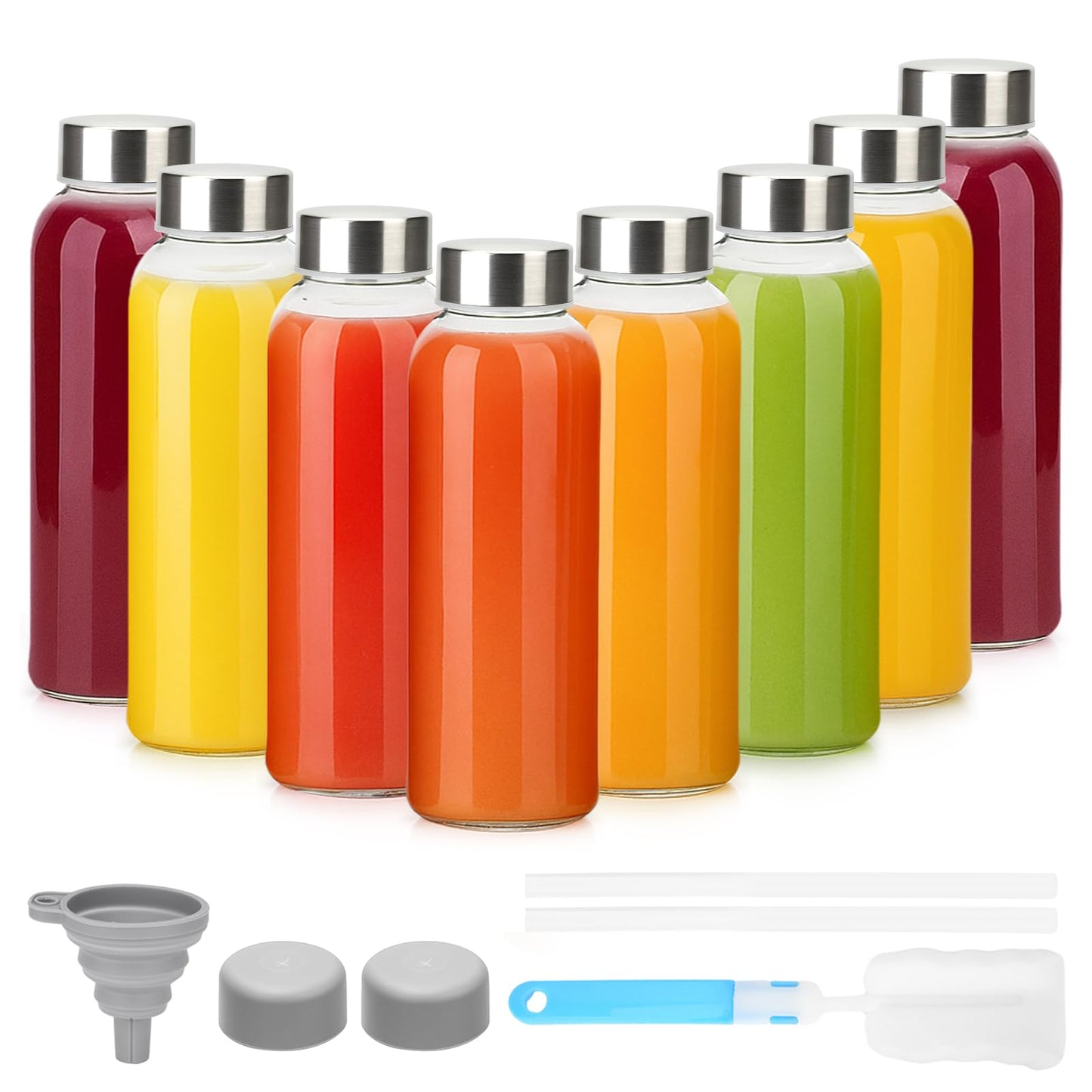 Luxfuel Glass Juice Bottles with Lids 10oz, 8 Pack Reusable Glass Water Bottle with Stainless Steel Caps & Straws, Leak Proof, BPA-Free – Small Juice Bottles for Juicing, Smoothies & Fridge Storage