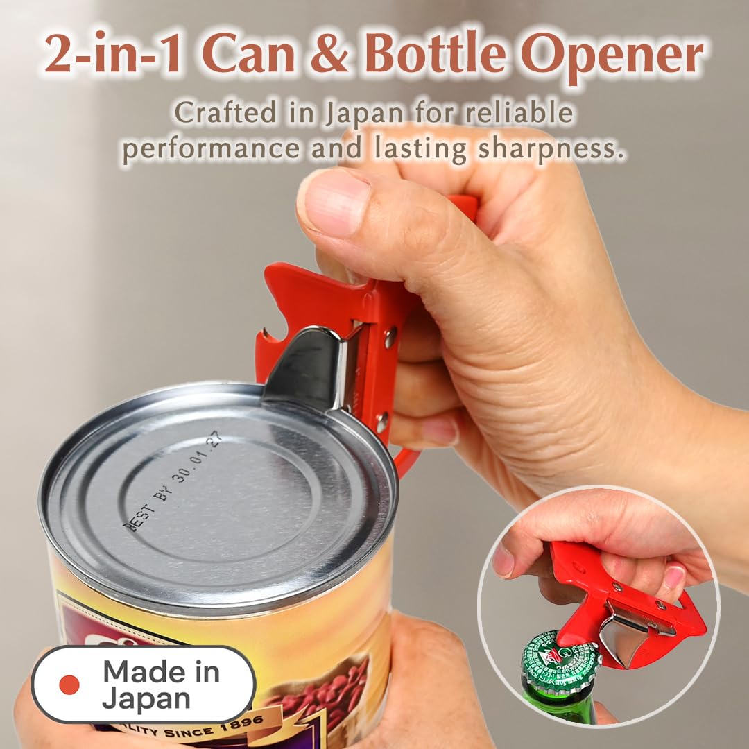 GANGY 2 in 1 Can Opener and Bottle Opener Made in Japan Steel Body with Stainless Steel Blade Compact Easy to Use Kitchen Tool (#100 Small)