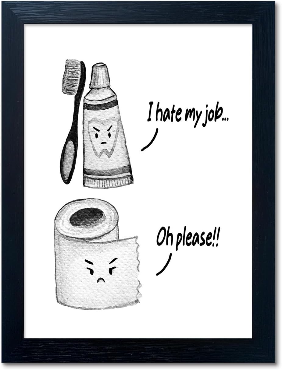 Skiennix Kids Bathroom Decor - Black and White Framed Art Print | Funny Toilet Paper & Toothbrush Design