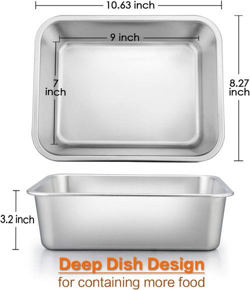 E-far Lasagna Pan Set of 2 - Rectangular Deep Baking Pans, Non-Toxic Stainless Steel, 10.6x8.3x3.2 Inches