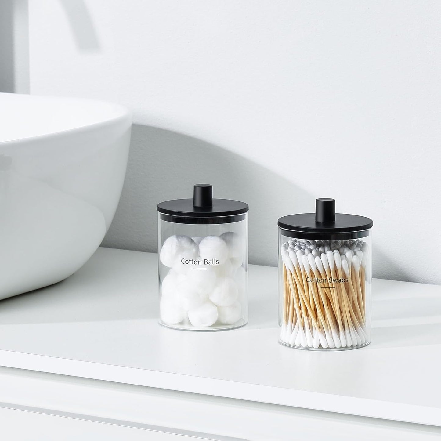 TIPGO Glass Qtip Holder Dispenser - 10 oz Clear Apothecary Jar for Cotton Swabs & Makeup Storage | 2 Pack, Black
