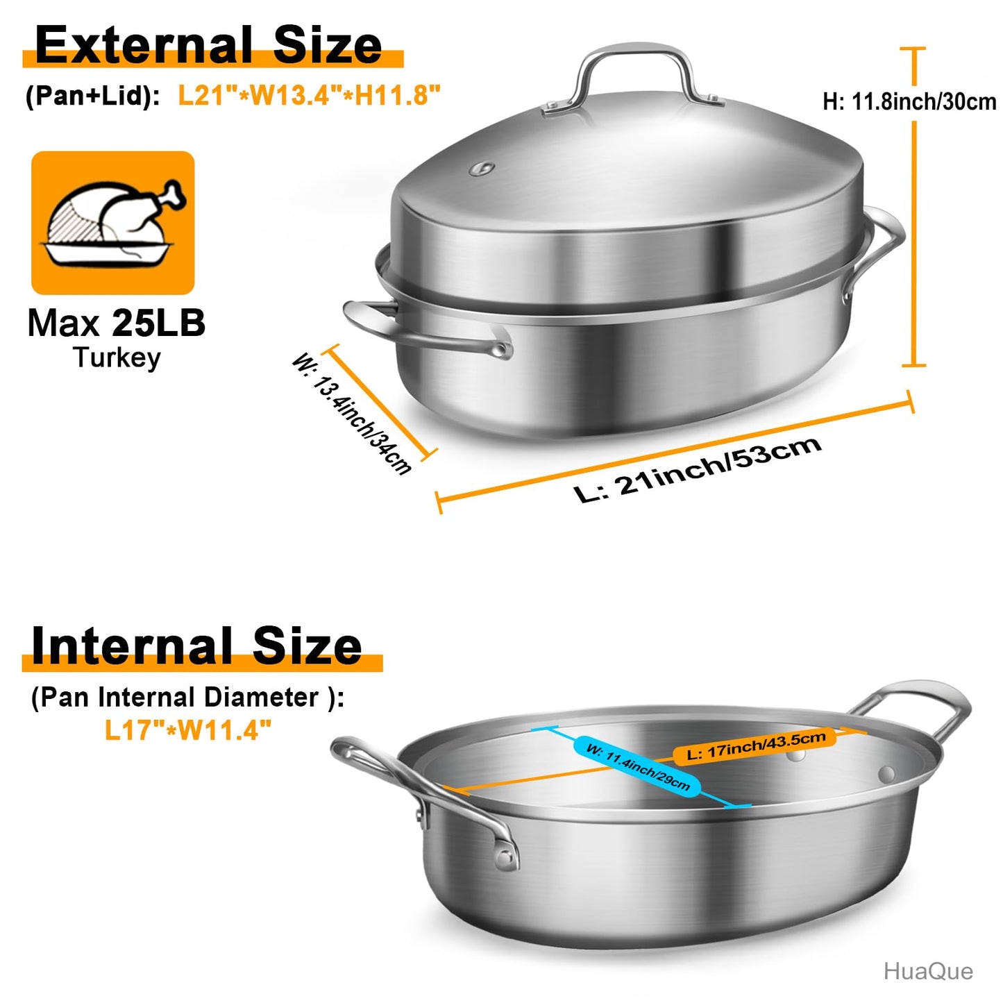 Large Roasting Pan with Rack and Lid, Gifts for mom women wife, Stainless Steel Large Oval Roaster, Nonstick Oven Cookware for Turkey Chicken, 21 Inch