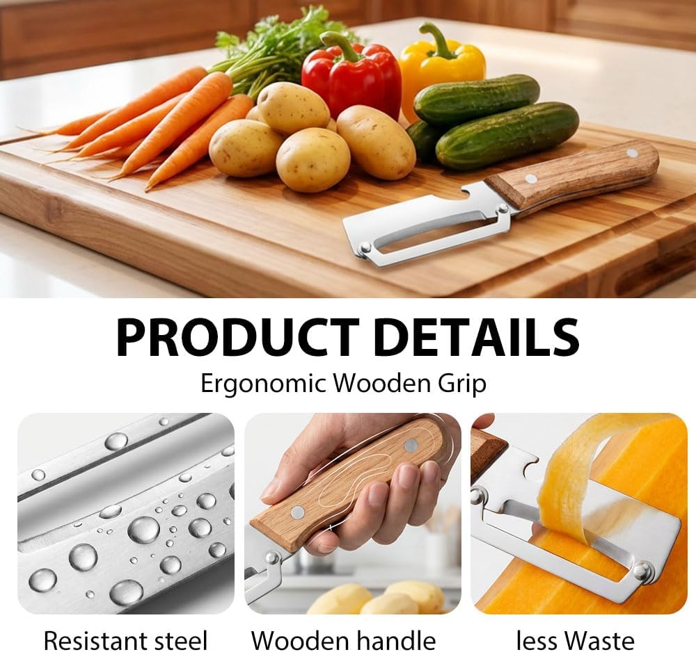 Skiennix Vegetable Peeler - 2-in-1 Multi-Functional Kitchen Tool with Wooden Handle & Bottle Opener | Stainless Steel