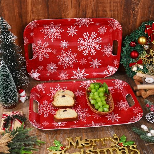 Christmas Serving Trays Set of 3 Red Snowflake Melamine Platters for Holiday Party