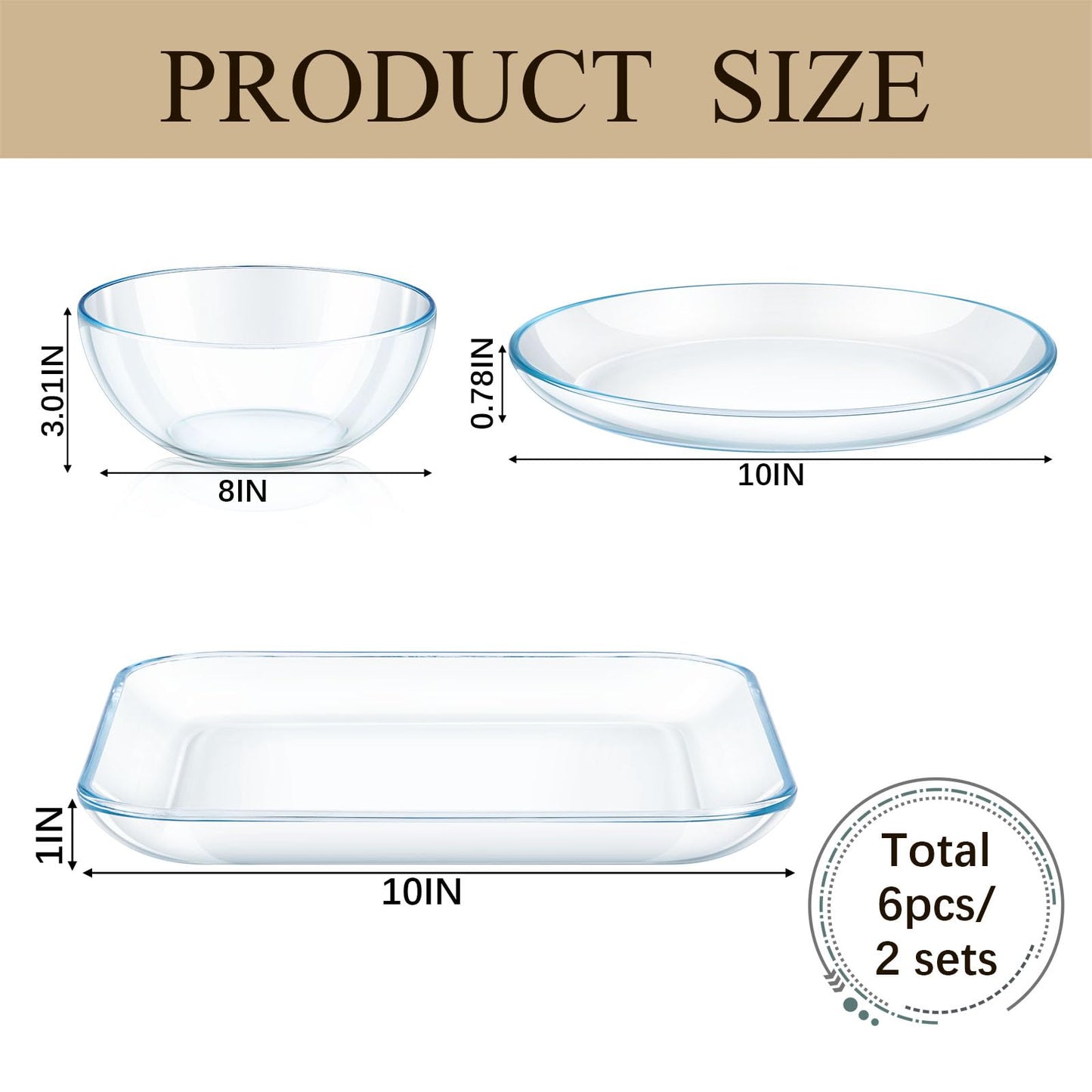 6 Pcs Clear Glass Dinnerware Set Glass Plates and Bowls with Blue Tint Round Square Tempered Plates 10'' and Kitchen Serving Bowl 8'' for Dessert, Salad, Fruit, Dishwasher and Microwave Safe