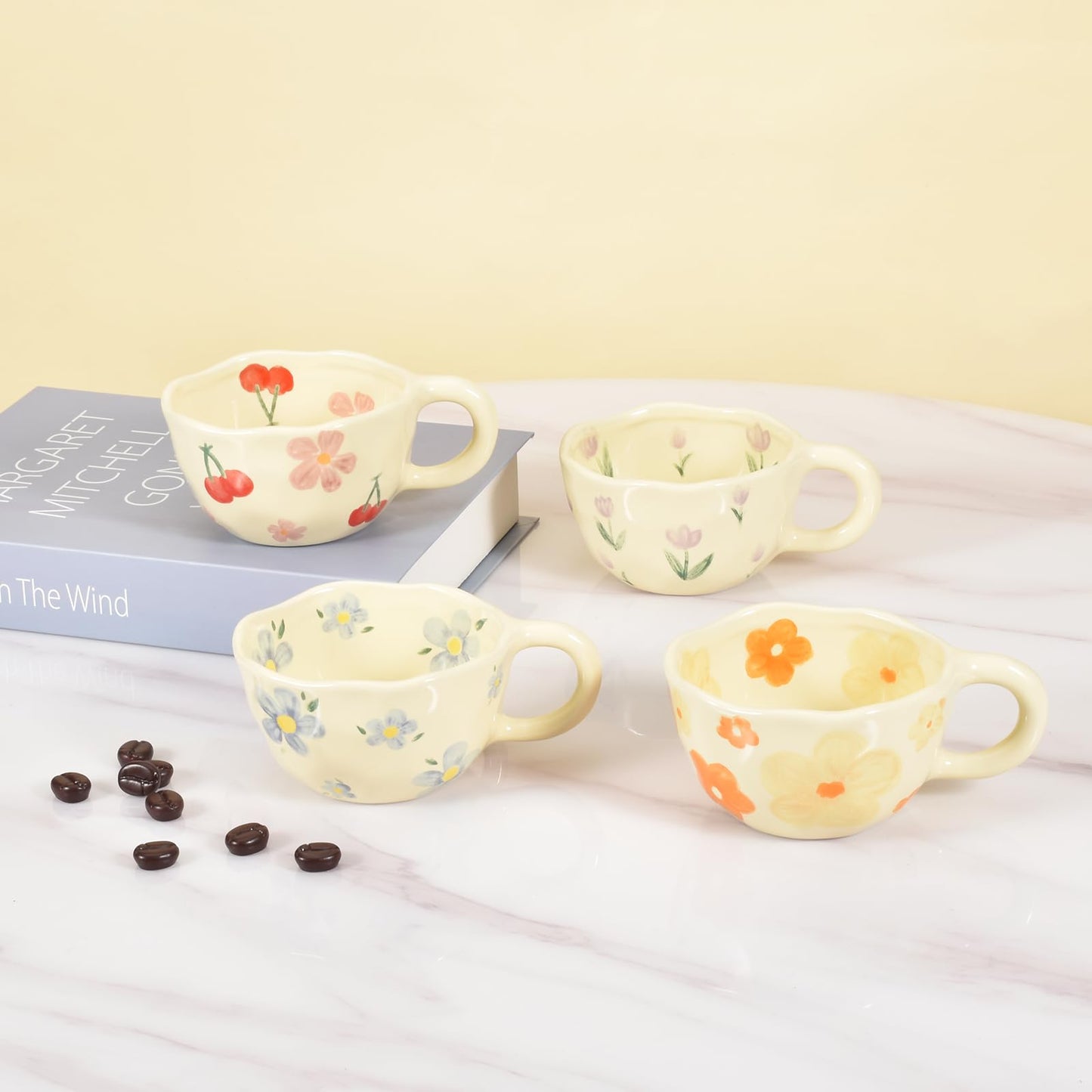Koythin 4-Piece Ceramic Coffee Mugs, Creative Flower Mug for Office and Home, 8.5 oz/250 ml for Latte Tea Milk (Blue Flower, Orange Flower, Pink Cherry, Purple Tulip)