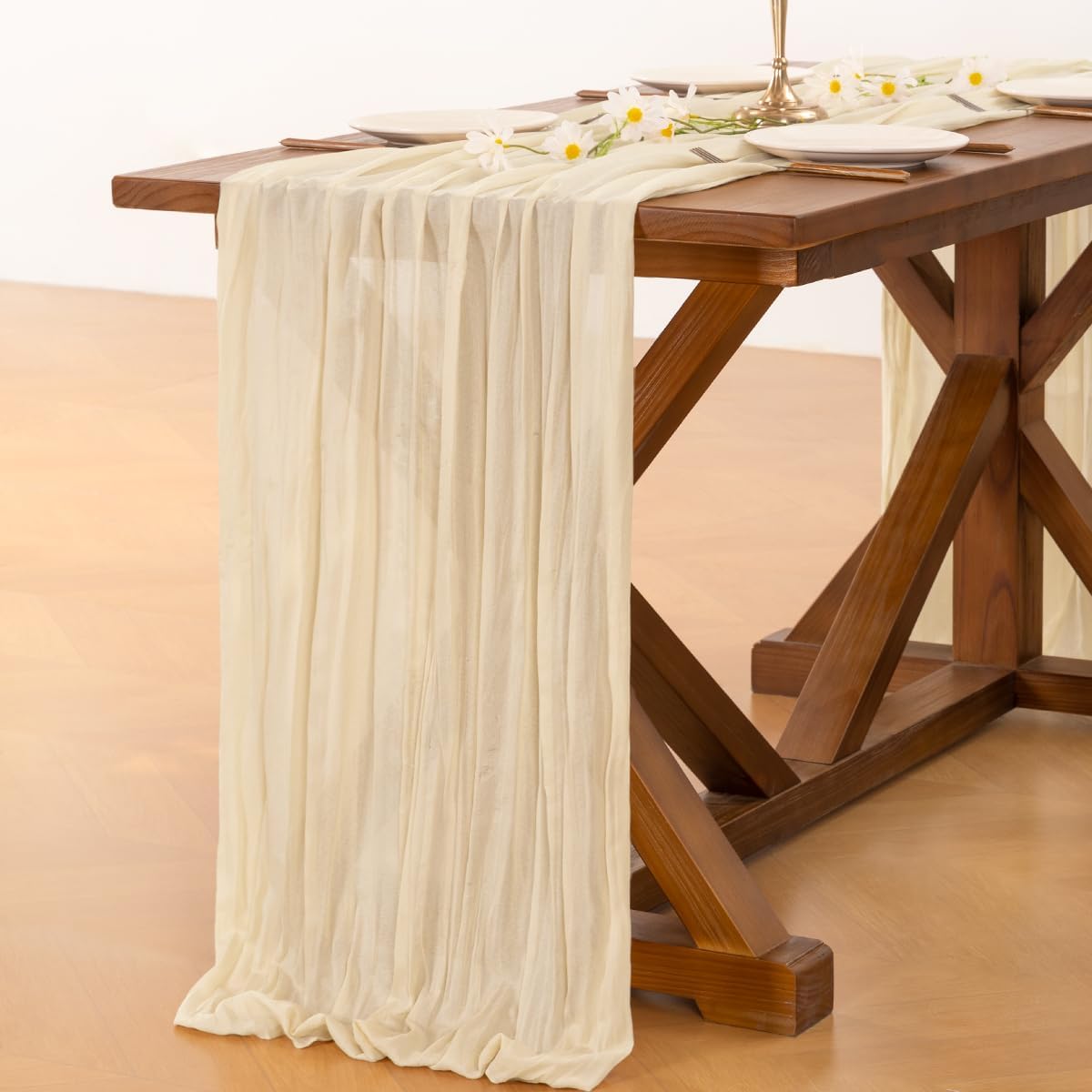Socomi Cheesecloth Table Runner - 120 Inch Beige Boho Rustic Decor for Weddings, Parties & Holidays