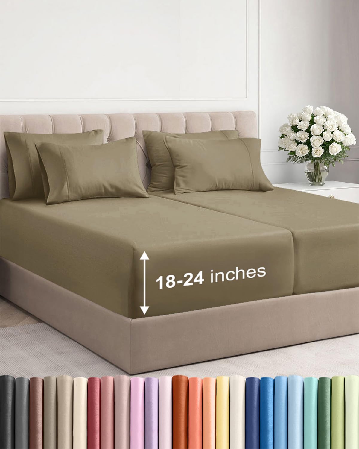 Skiennix Extra Deep Split King Sheet Set - 7 Piece Breathable Cooling Bedding - Soft, Wrinkle-Free Khaki