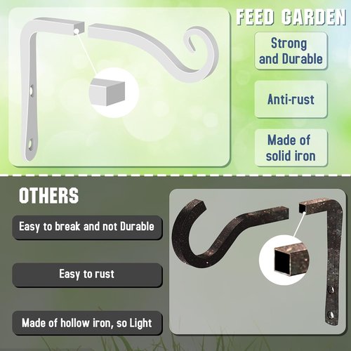 Feed Garden Hand-Forged Hanging Plant Bracket - Iron Wall Hook for Indoor/Outdoor Use | 6 Inch, 2 Pack, White