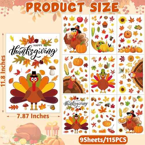 9 Sheets Thanksgiving Window Clings, 115PCS Thanksgiving Decorations Window Stickers, Turkey Decal Stickers with Cute Cones Nuts Maple Leaves Patterns for Fall Harvest Decorations Decor Accessories