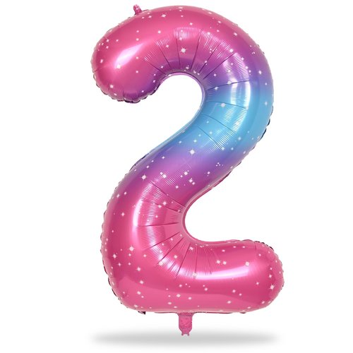 Gradient Blue Pink 2 Balloons, 40 Inch Giant Helium Foil Number 0-9 Rainbow 2th Birthday Balloon for Girls, Self Inflating Starry Digit 2 Balloons for Women Anniversary Party Decorations Supplies