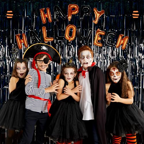 Melsan Halloween Party Decorations Tinsel Backdrop Streamers, Black Foil Fringe Curtains 3.2 ft x 8.2 ft for Halloween New Year Graduations Party Photo Booth Props Decorations, 2 Pack