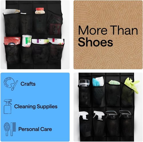 GORILLA GRIP Over The Door Shoe Organizer - 24 Large Breathable Mesh Pockets | Space-Saving Hanging Storage in Black