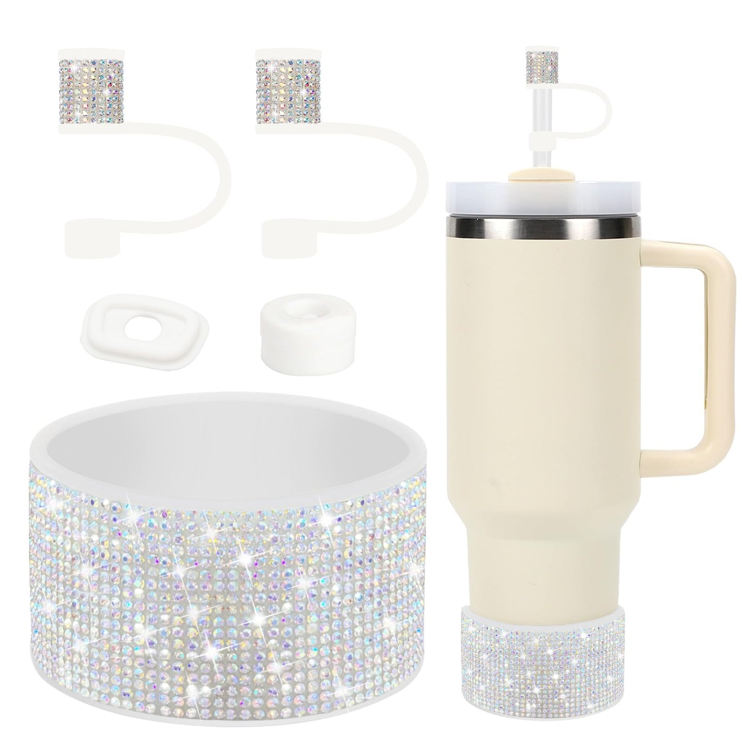 Rhinestone Stanley Cup Accessories Set Including 0.4in Bling Straw Covers, Spill Proof Stopper, Diamond Glitter Silicone Boot for Stanley Accessories 40oz (Fit 40 oz, Circles Stardrone)