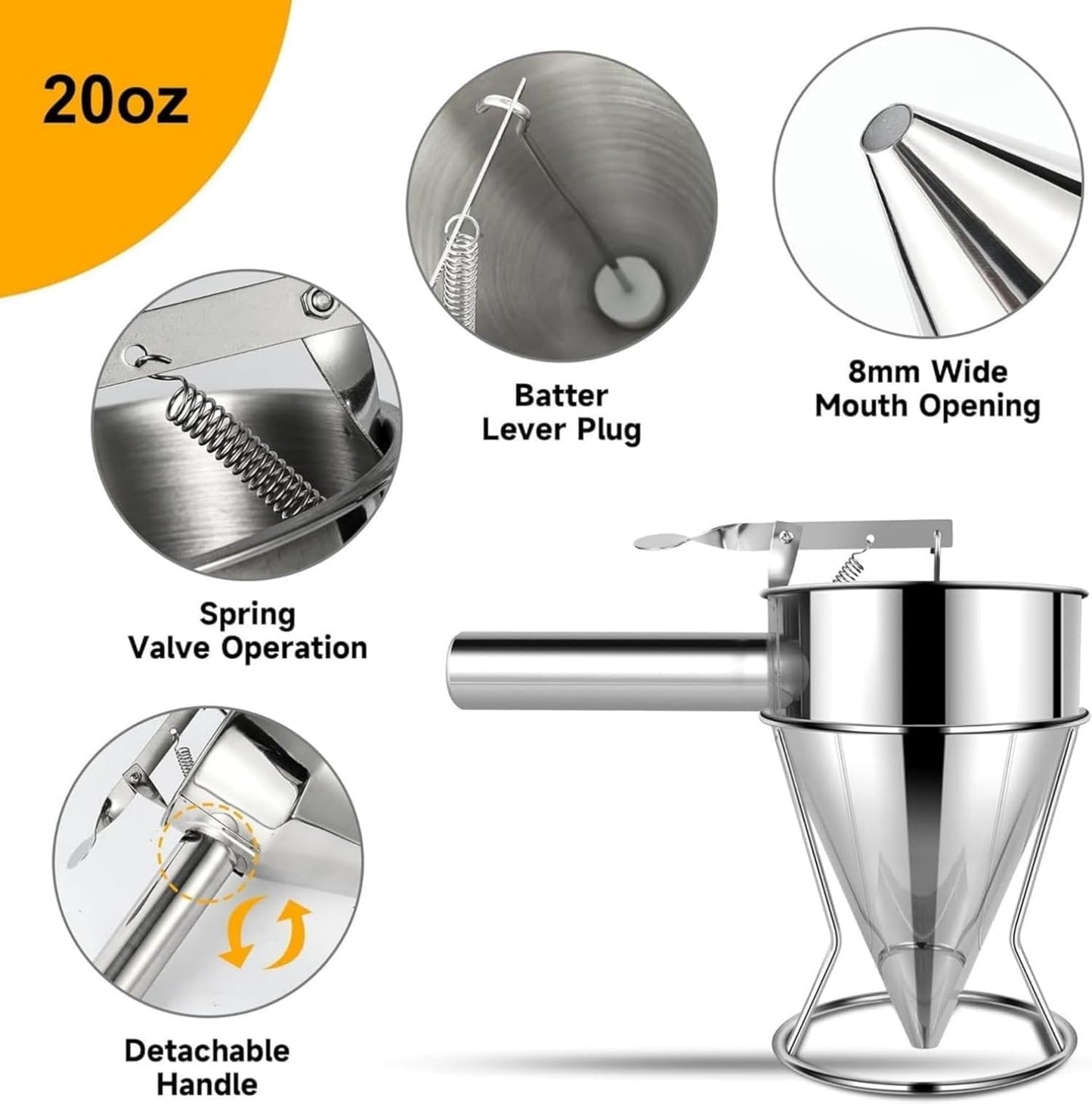 20 OZ Multi-Functional Pancake Batter Dispenser, Multi-Caliber Stainless Steel Funnel Cake Dispenser with Stand Great for Pancakes,Cupcakes,Chocolate Balls and Baked Goods (600ml)